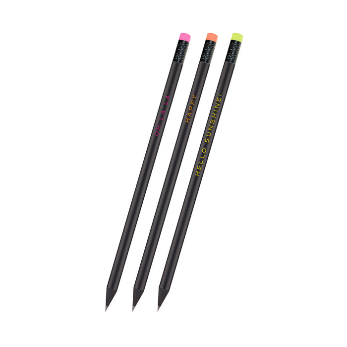 Bleistift "Neon" | 3er Set mit Spruch & Radiergummi | pink, orange, gelb