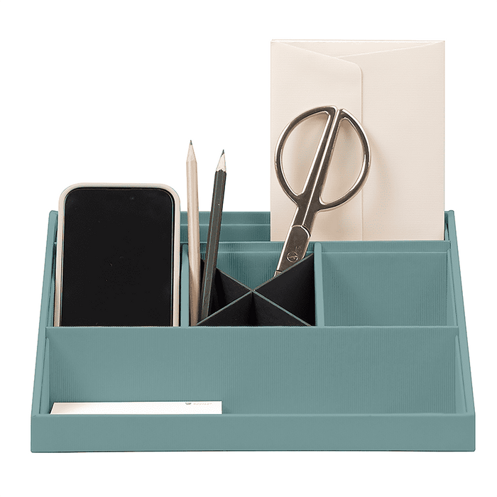 Rössler SOHO Schreibtisch Organizer, Multifunktionales Schreibtisch Zubehör mit 6 Fächern, Ideal als Büro Organizer, Stiftehalter oder Ordnungssystem, Platzsparend & handverleimt, Farbe: Opal — Rössler Papier