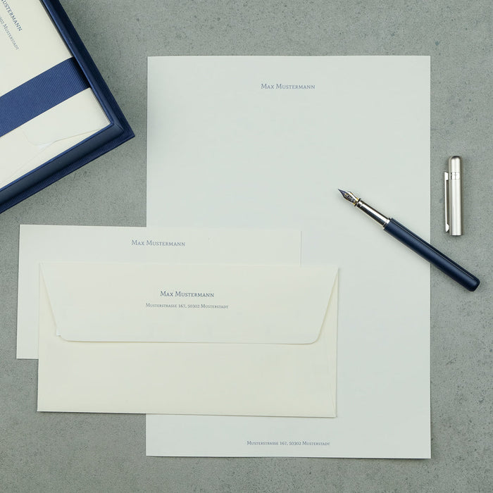 Briefpapierkassette personalisiert, Creme Inhalt, Blau