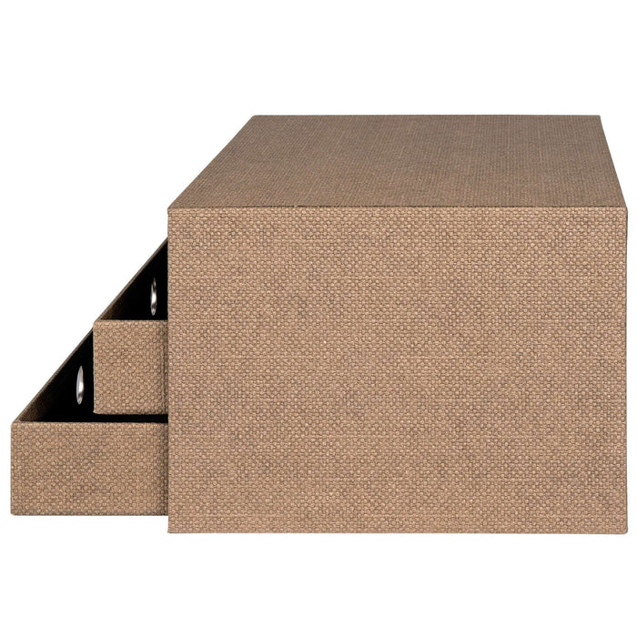 Dieses Bild zeigt eine haselnussbraune 3er Schubladenbox für A4-Dokumente mit zwei herausgezogenen Schubladen.