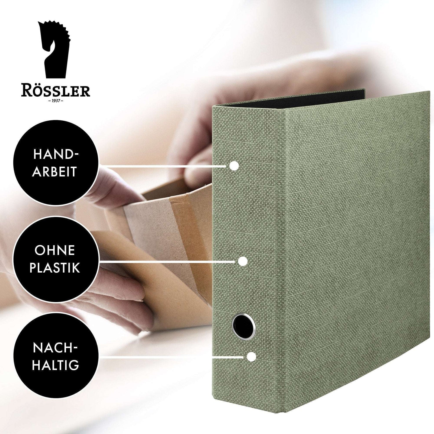 Ordner A4 in grün aus der Special Line von S.O.H.O. mit Schriftzug Nachhaltigkeit, Handarbeit und ohne Plastik