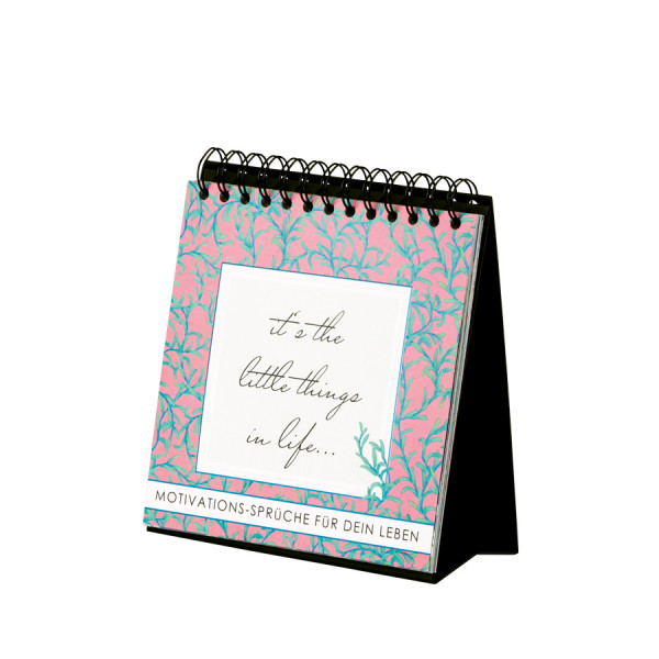 Tischaufsteller mit 12 Motivations-Sprüchen, 175x175mm, Pink mit grün-türkiser Blumenranke