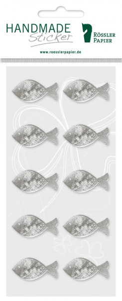 Zehn silberne Fisch-Sticker mit Prägung